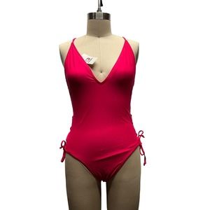 BKE Buckle South Beach Hot Pink V Neck Hip Lace Up Swim Suit SZ L NWT